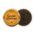 A closed tin of Caviar Kitchen Baerii caviar beside an open tin of its roe.
