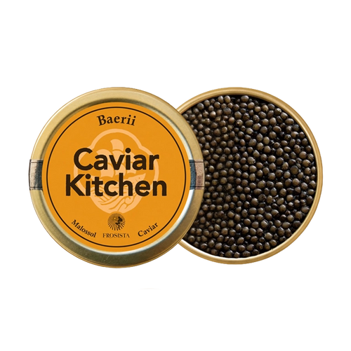 A closed tin of Caviar Kitchen Baerii caviar beside an open tin of its roe.