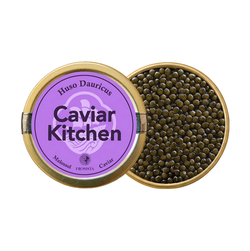 A closed tin of Caviar Kitchen Huso Dauricus caviar beside an open tin of its roe.